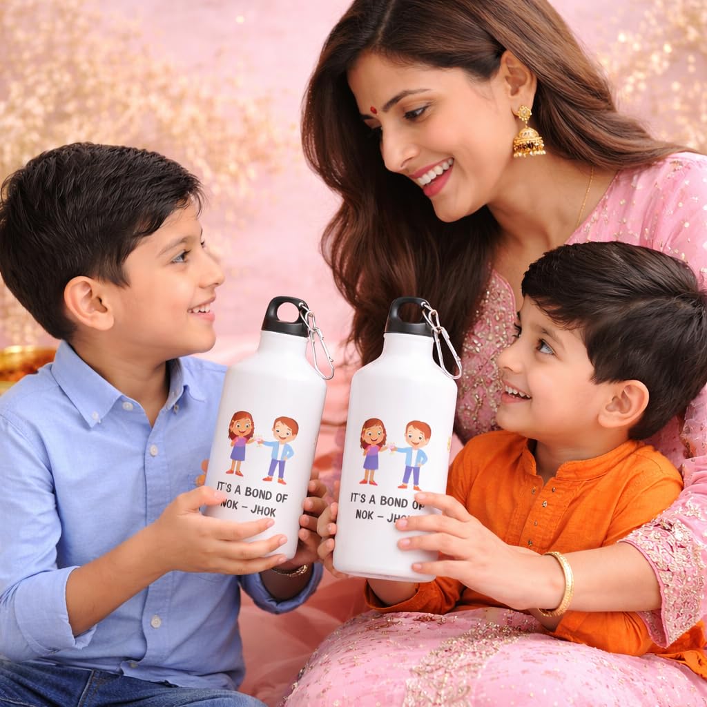 JAIPUR ACE Raksha Bandhan Gift Combo with 2 Kids Printed Water Bottles and 2 Rakhi Set Om Evil Eye and Shiva Rudraksha Rakhi 
