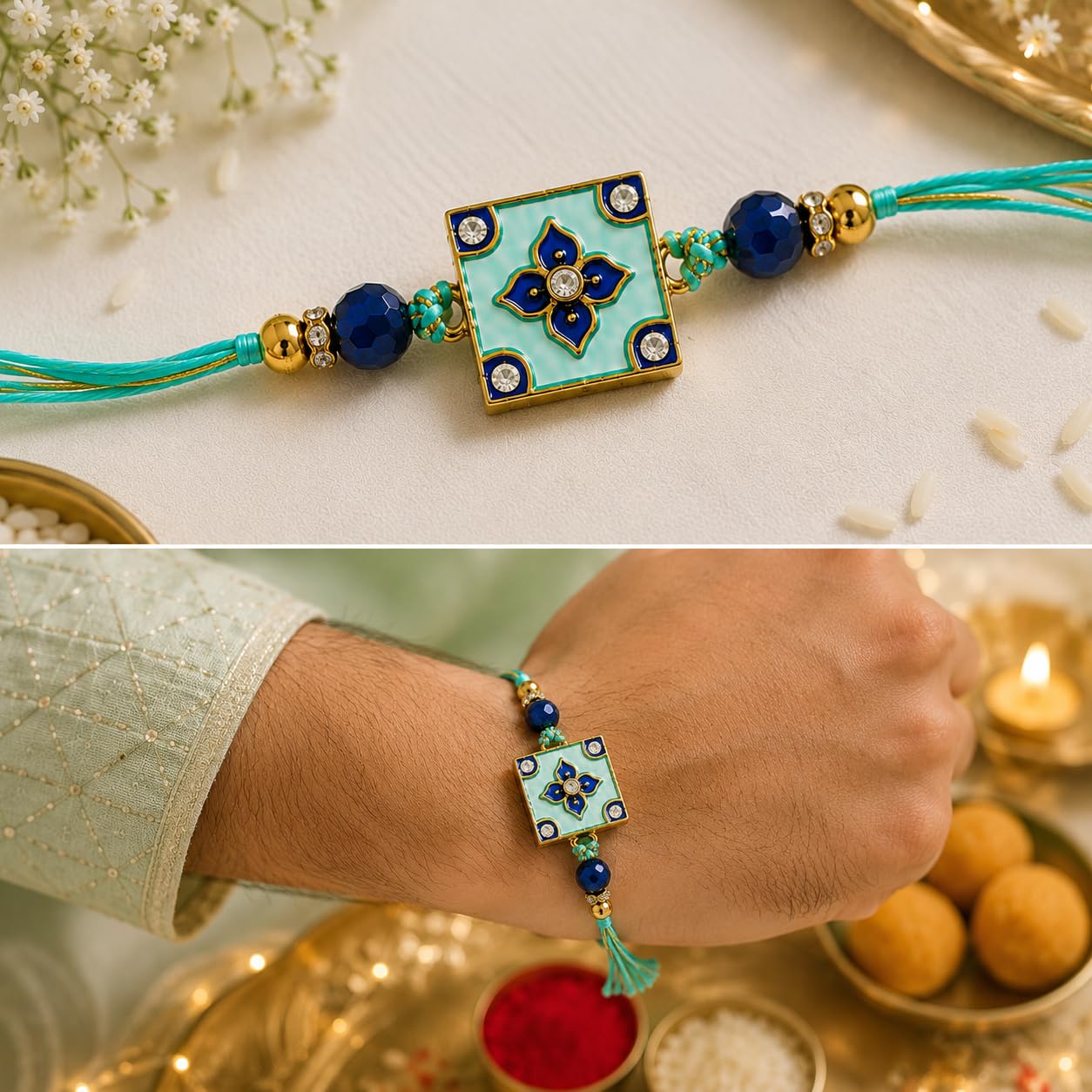 JAIPUR ACE Raksha Bandhan Gift Combo with 2 Kids Printed Water Bottles and 2 Rakhi Set Om Evil Eye and Shiva Rudraksha Rakhi 