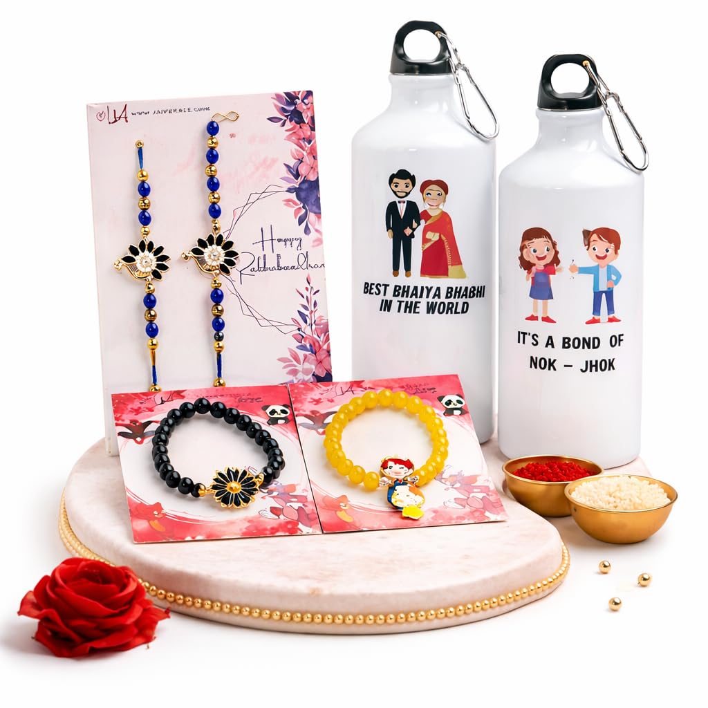 JAIPUR ACE Raksha Bandhan Gift Combo with 2 Kids Printed Water Bottles and 2 Rakhi Set Om Evil Eye and Shiva Rudraksha Rakhi 