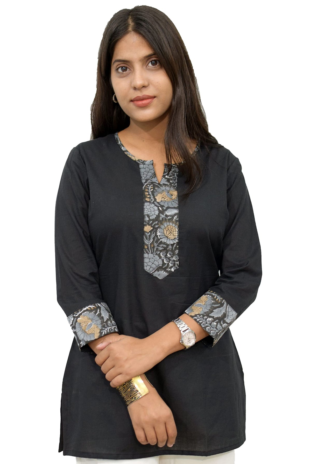JAIPUR HAND BLOCK Women's Short Kurti, Cotton Hand Block Print, Straight Style, 3/4 Sleeves