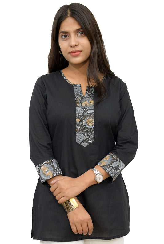 JAIPUR HAND BLOCK Women's Short Kurti, Cotton Hand Block Print, Straight Style, 3/4 Sleeves