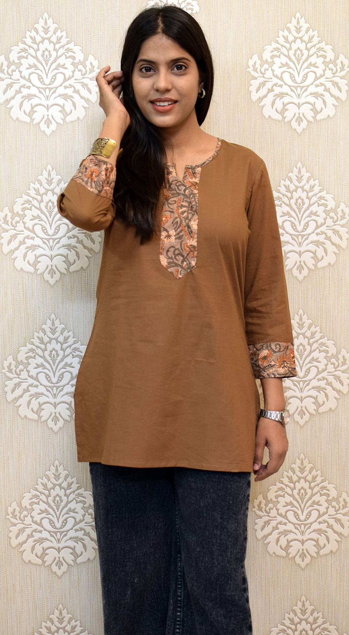 JAIPUR HAND BLOCK Women's Short Kurti, Cotton Hand Block Print, Straight Style, 3/4 Sleeves - back view (10)