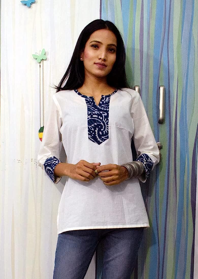 JAIPUR HAND BLOCK Women's Short Kurti, Cotton Hand Block Print, Straight Style, 3/4 Sleeves - back view (16)