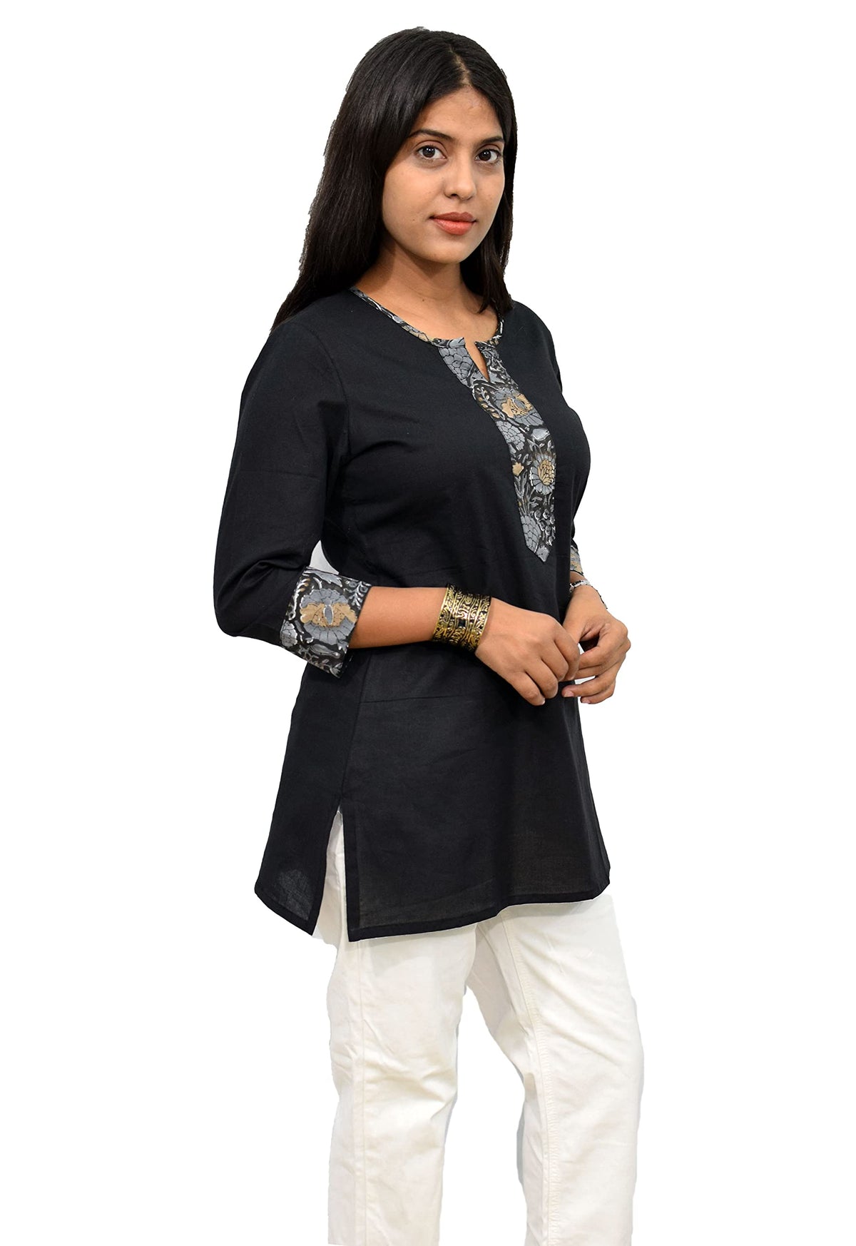 JAIPUR HAND BLOCK Women's Short Kurti, Cotton Hand Block Print, Straight Style, 3/4 Sleeves - front view