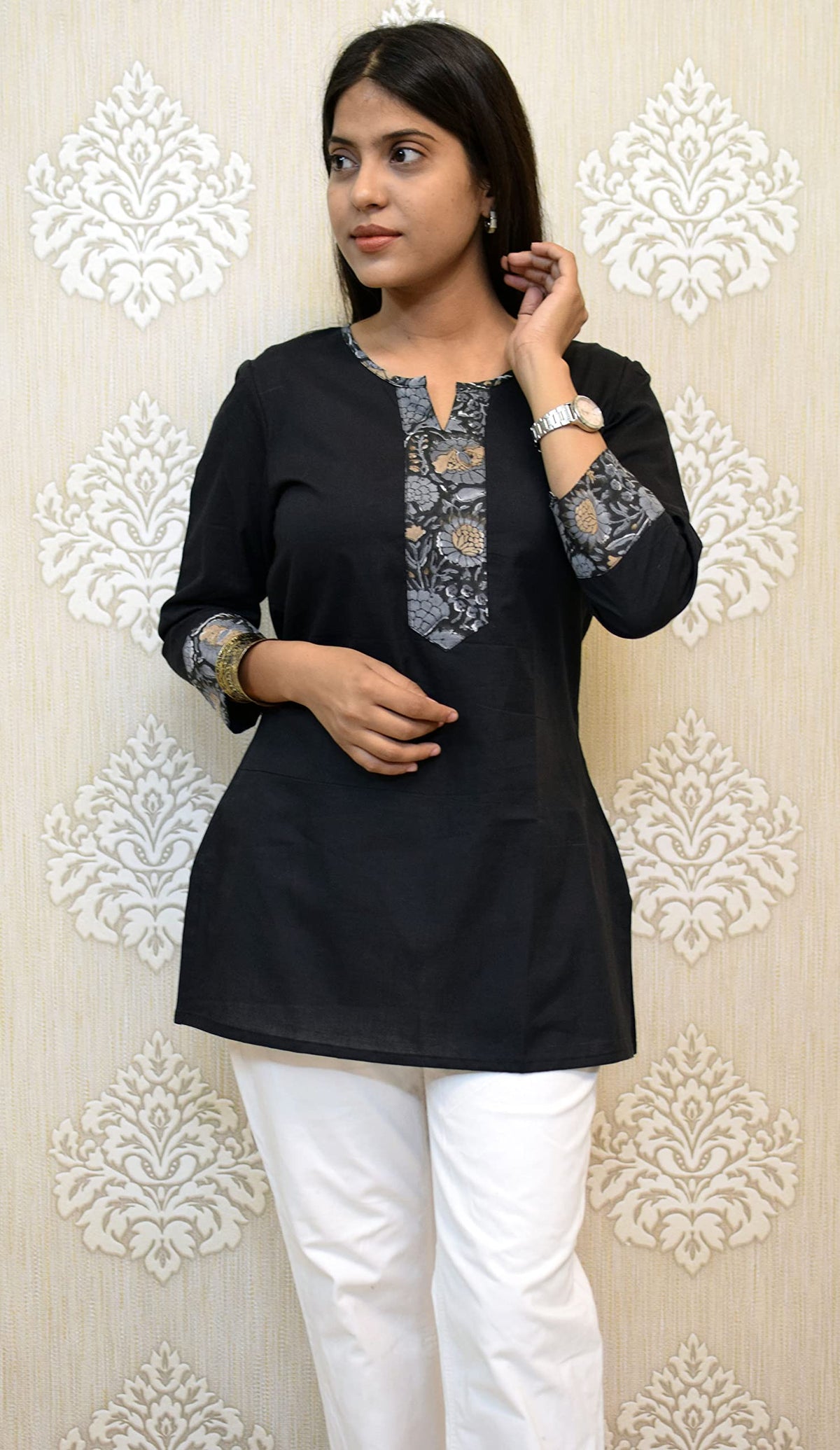 JAIPUR HAND BLOCK Women's Short Kurti, Cotton Hand Block Print, Straight Style, 3/4 Sleeves - back view