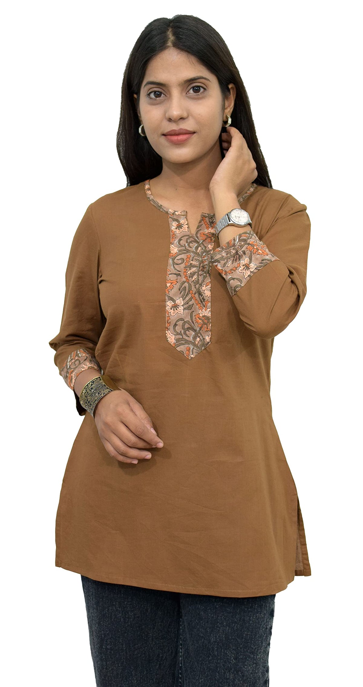 JAIPUR HAND BLOCK Women's Short Kurti, Cotton Hand Block Print, Straight Style, 3/4 Sleeves (8)