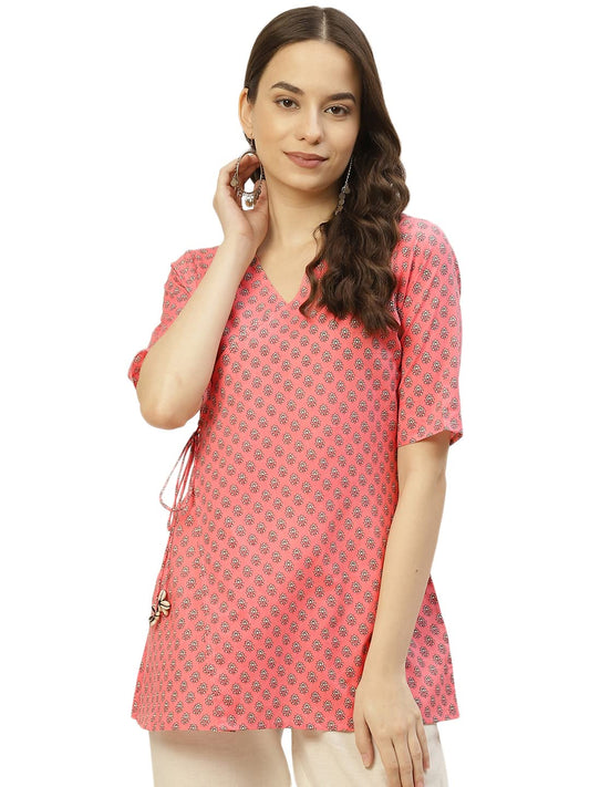 JAPER KURTI Women Cotton Floral Print Short Sleeves Wrap Top - Hips Length 28 Inches