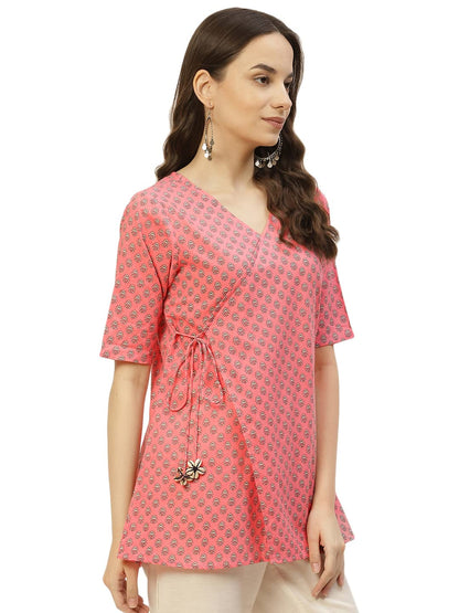 JAPER KURTI Women Cotton Floral Print Short Sleeves Wrap Top - Hips Length 28 Inches - front view