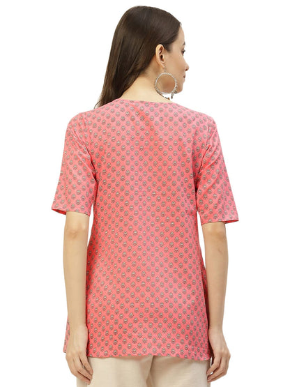 JAPER KURTI Women Cotton Floral Print Short Sleeves Wrap Top - Hips Length 28 Inches - back view