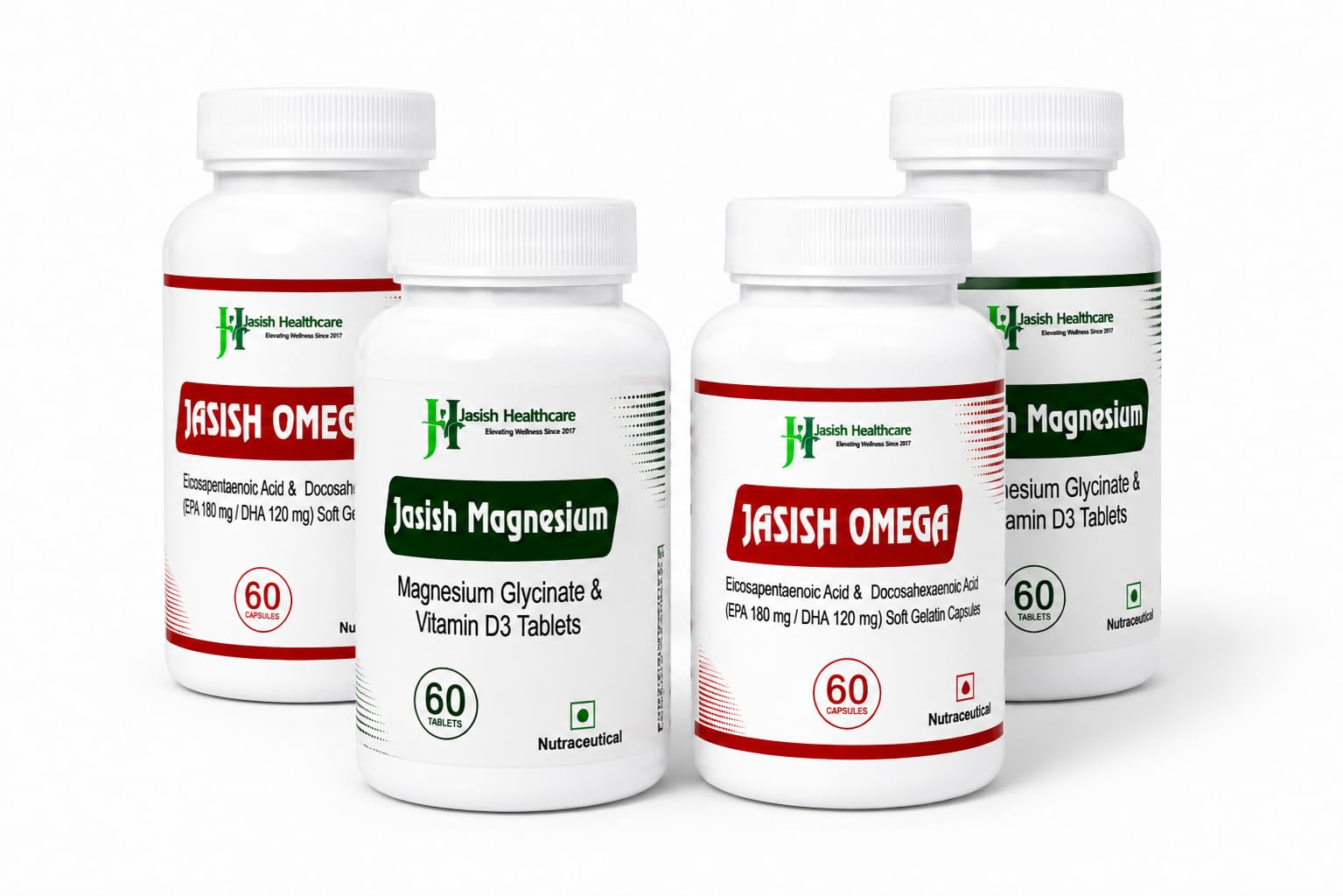 JASISH Omega & Magnesium Supplement Bundle, 180 mg EPA & 20 mg DHA, 1000 mg Magnesium Glycinate with Vitamin D3 - front view