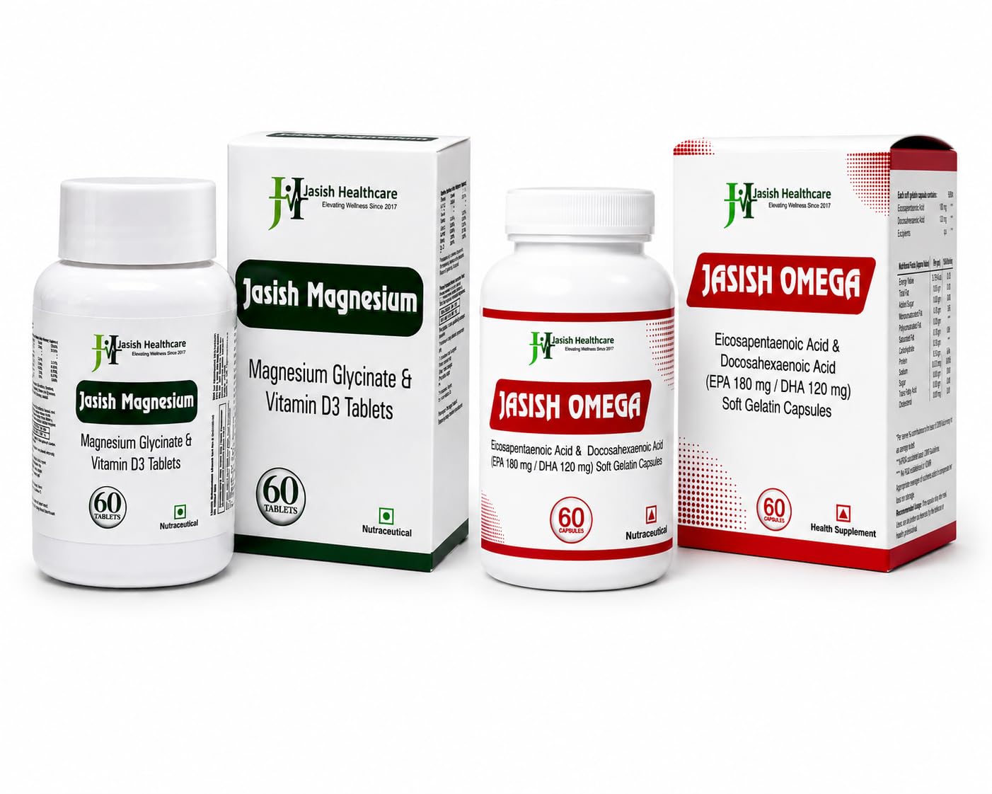 JASISH Omega & Magnesium Supplement Bundle, 180 mg EPA & 20 mg DHA, 1000 mg Magnesium Glycinate with Vitamin D3 - front view 