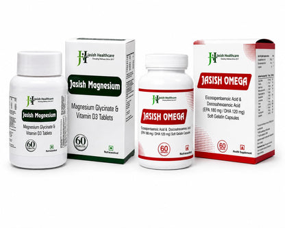 JASISH Omega & Magnesium Supplement Bundle, 180 mg EPA & 20 mg DHA, 1000 mg Magnesium Glycinate with Vitamin D3 - front view 