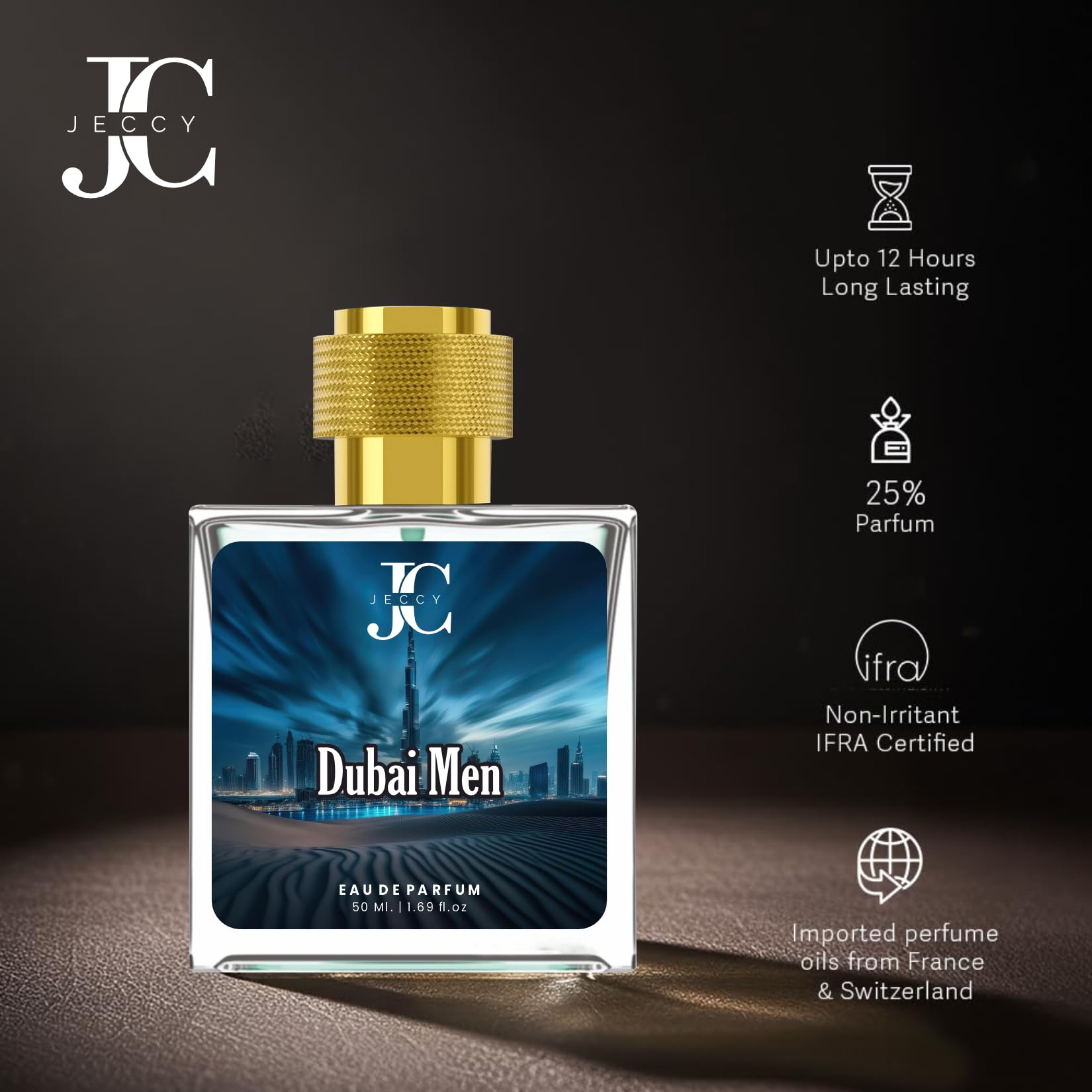 JECCY Dubai Men Eau de Parfum, 50ml, Citrus Spice Amber Musk Fragrance - packaging