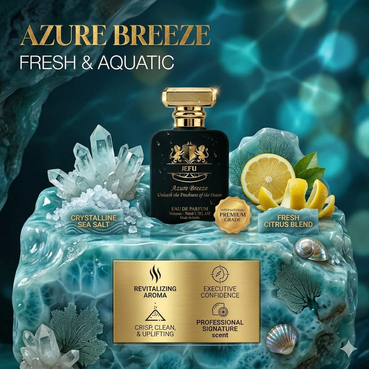 Jefu Azure Breeze Eau de Parfum, 50ml, Unisex, Fresh Aquatic Citrus Fragrance - label detail (10)