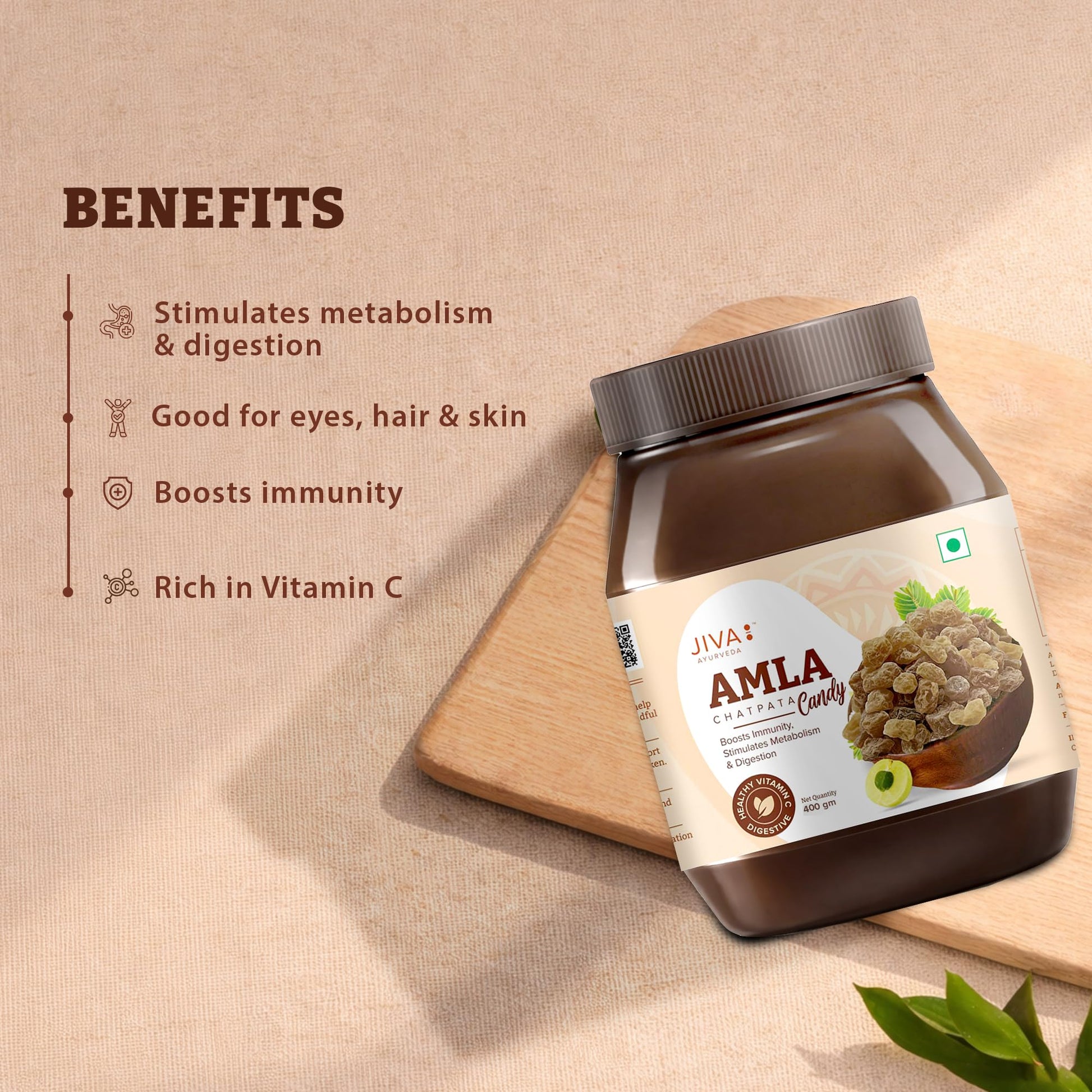 Jiva Ayurveda Amla Chatpata Candy, Ayurvedic Candy with Amla and Spices, Rich in Dietary Fiber and Vitamin C - label detail (