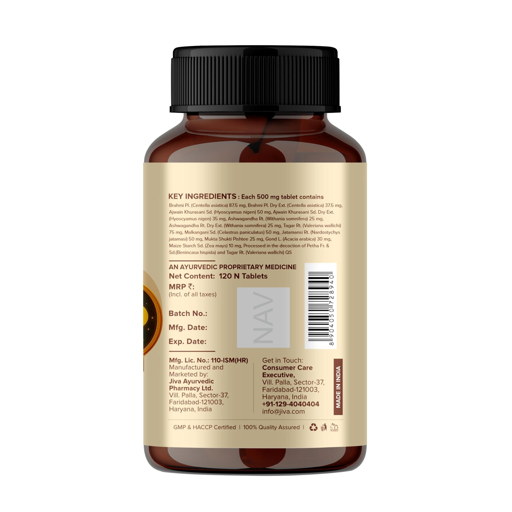 Jiva Ayurveda Sleep Well Plus Tablets, 120 Count, Tagara-Based Herbal Supplement for Adults, Unflavoured - ingredients panel 