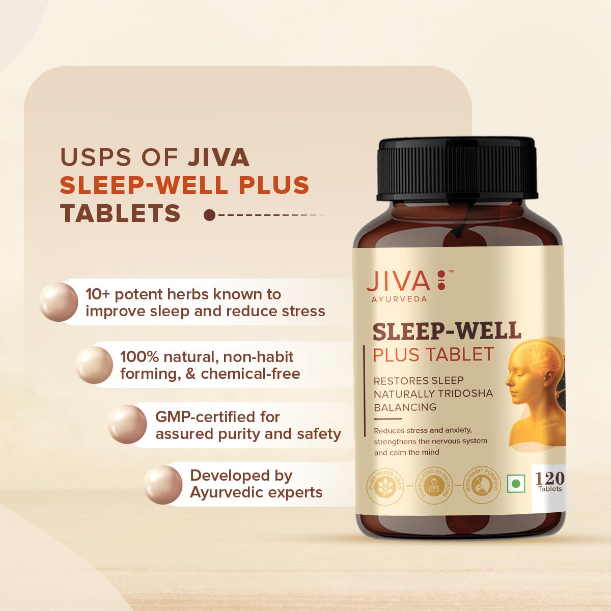 Jiva Ayurveda Sleep Well Plus Tablets, 120 Count, Tagara-Based Herbal Supplement for Adults, Unflavoured - label detail (18)