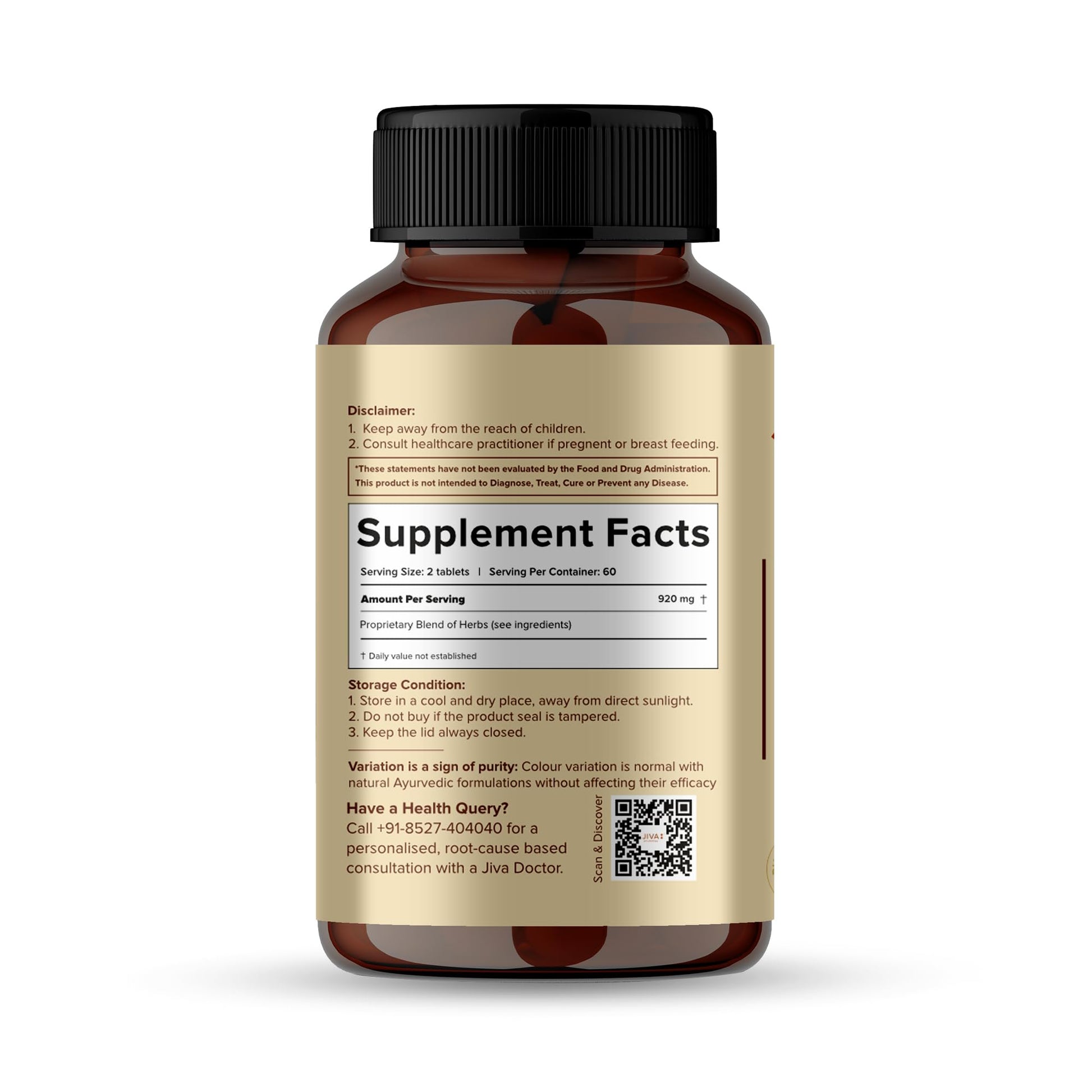 Jiva Ayurveda Sleep Well Plus Tablets, 120 Count, Tagara-Based Herbal Supplement for Adults, Unflavoured - back view