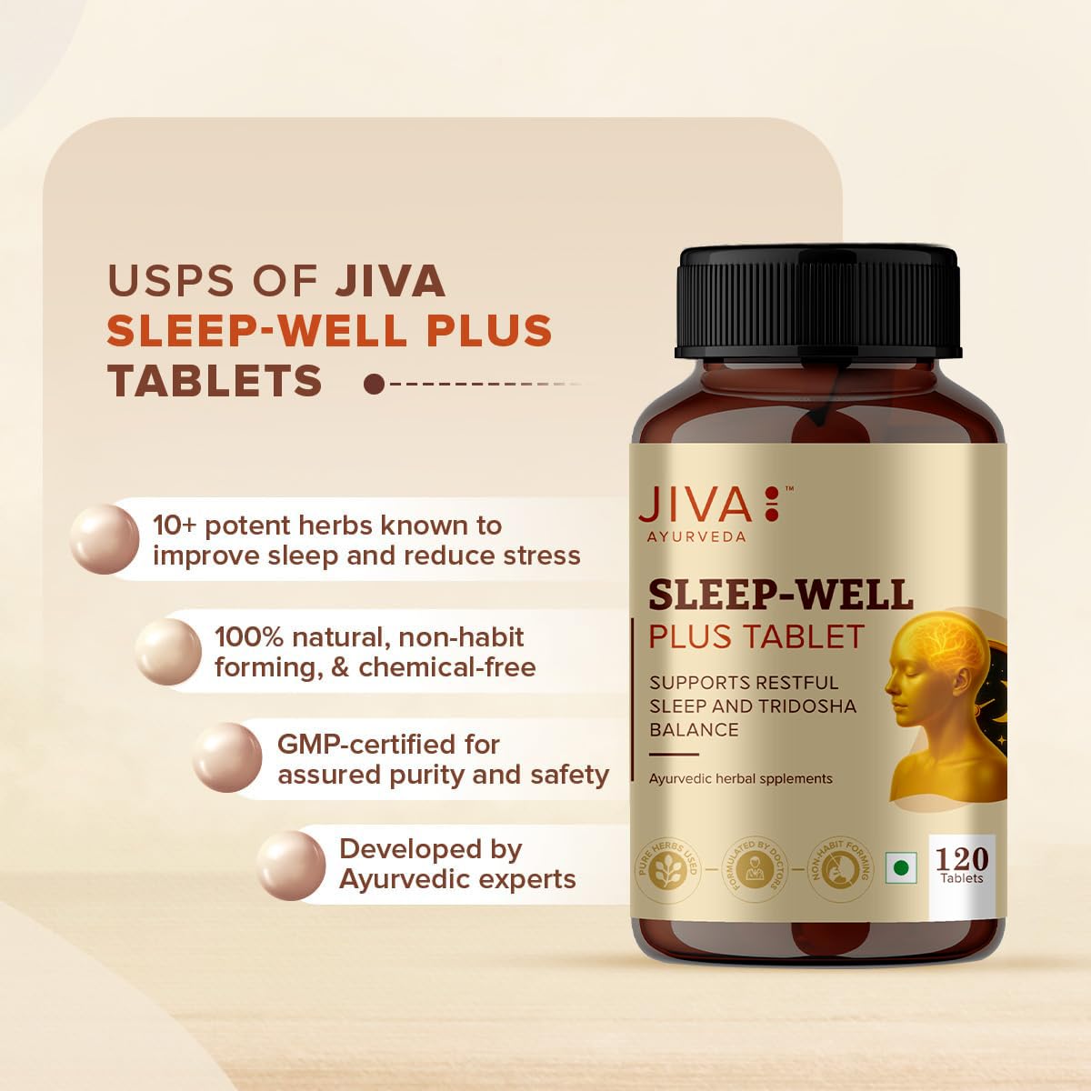 Jiva Ayurveda Sleep Well Plus Tablets, 120 Count, Tagara-Based Herbal Supplement for Adults, Unflavoured - label detail