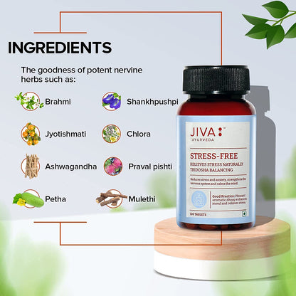 Jiva Ayurveda Stress-Free Herbal Tablets, 500mg, with Brahmi, Ashwagandha, Shankhpushpi - label detail (17)