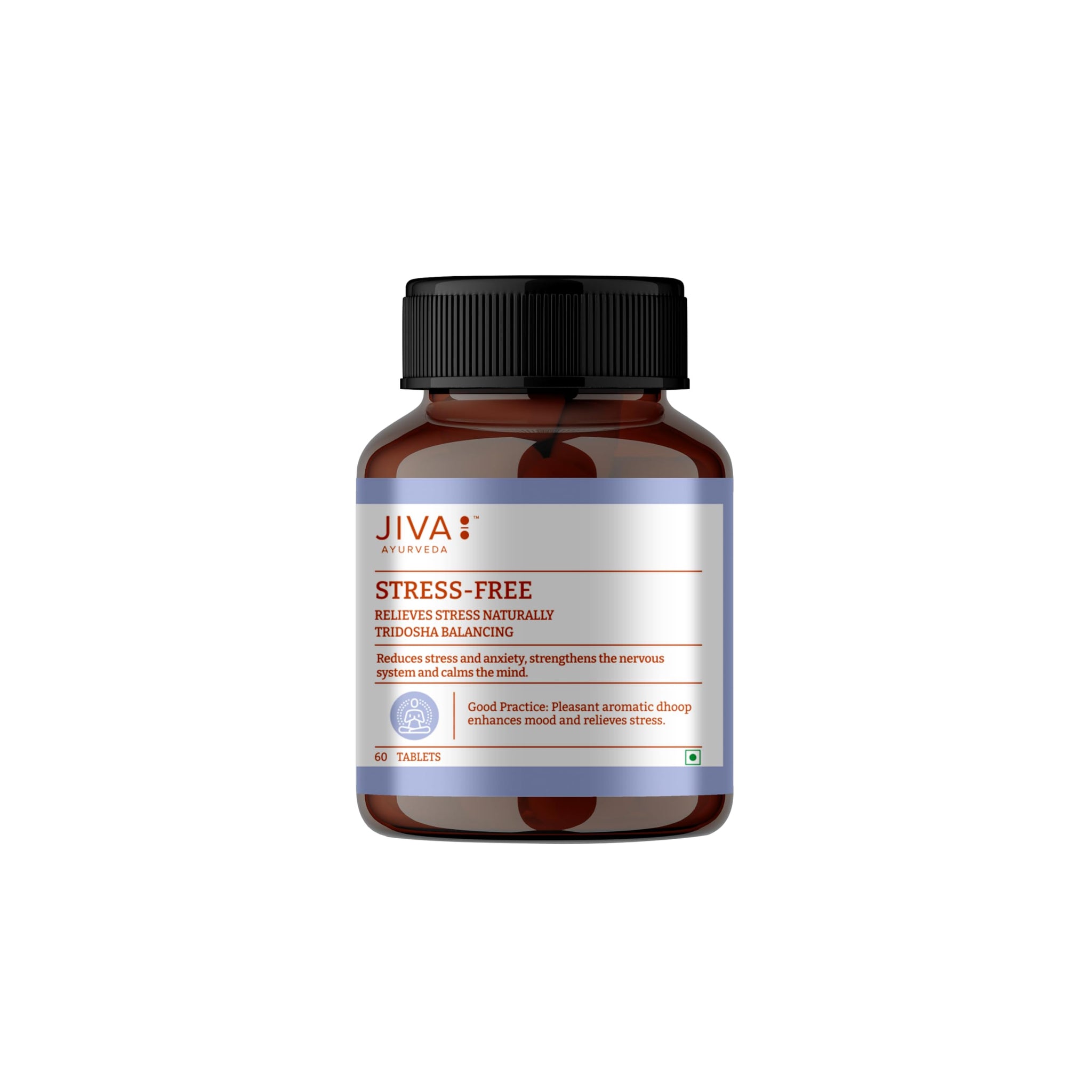 Jiva Ayurveda Stress-Free Herbal Tablets, 500mg, with Brahmi, Ashwagandha, Shankhpushpi - front view