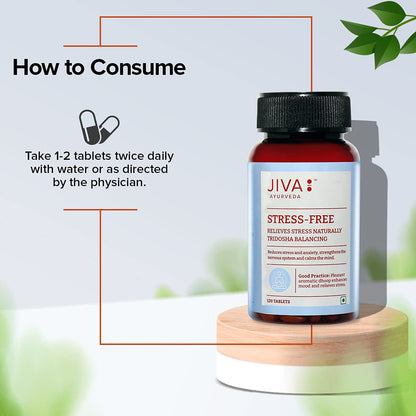 Jiva Ayurveda Stress-Free Herbal Tablets, 500mg, with Brahmi, Ashwagandha, Shankhpushpi - label detail