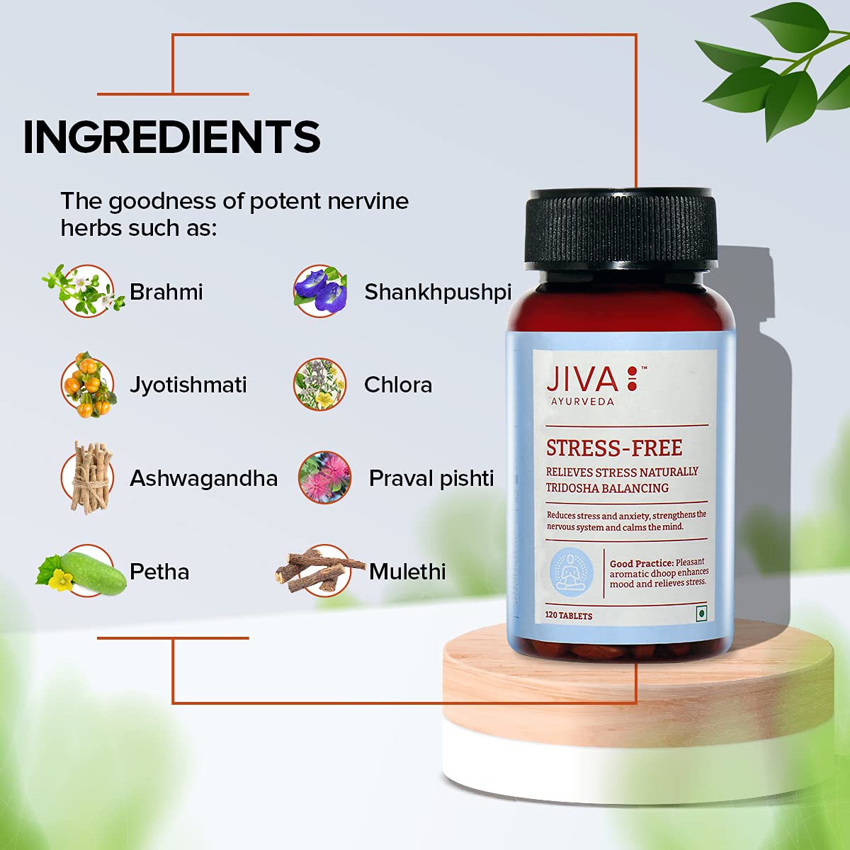 Jiva Ayurveda Stress-Free Herbal Tablets, 500mg, with Brahmi, Ashwagandha, Shankhpushpi - close-up detail