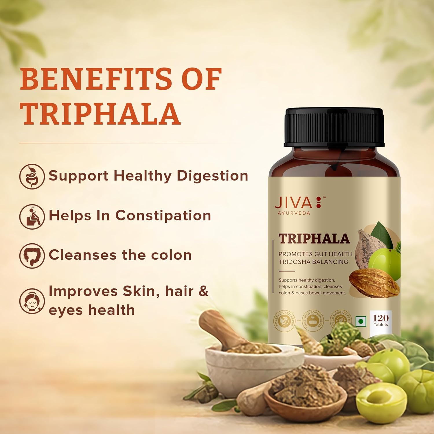 Jiva Ayurveda Triphala Tablets, 120 Count, Traditional Ayurvedic Herbal Blend - ingredients panel