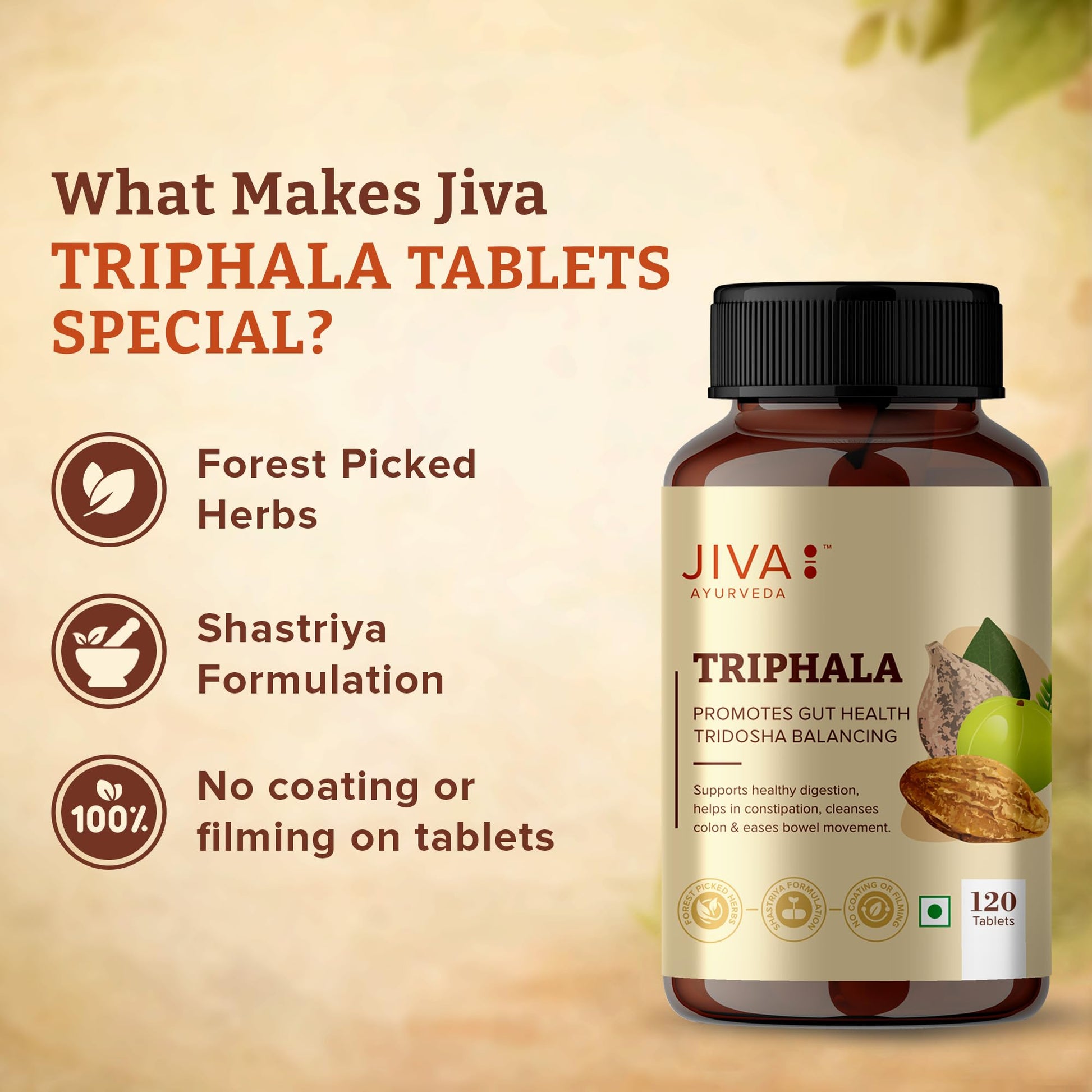 Jiva Ayurveda Triphala Tablets, 120 Count, Traditional Ayurvedic Herbal Blend - label detail (9)