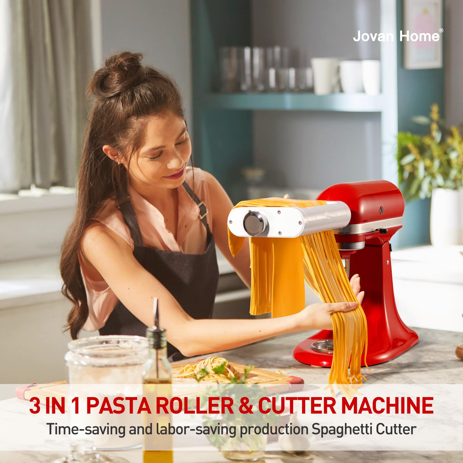 Jovan Home 3-in-1 Pasta Maker Attachment for KitchenAid Stand Mixer, White, Stainless Steel Pasta Roller, Fettuccine and Spag