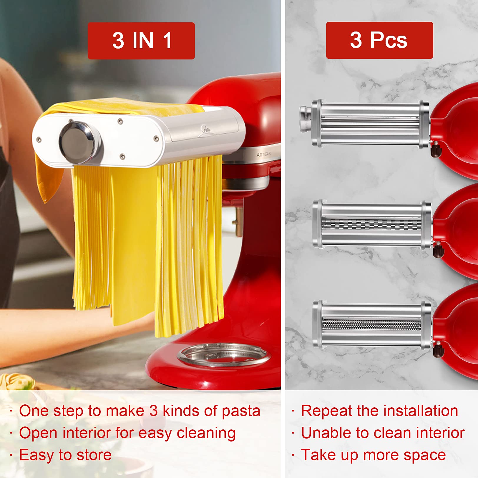 Jovan Home 3-in-1 Pasta Maker Attachment for KitchenAid Stand Mixer, White, Stainless Steel Pasta Roller, Fettuccine and Spag
