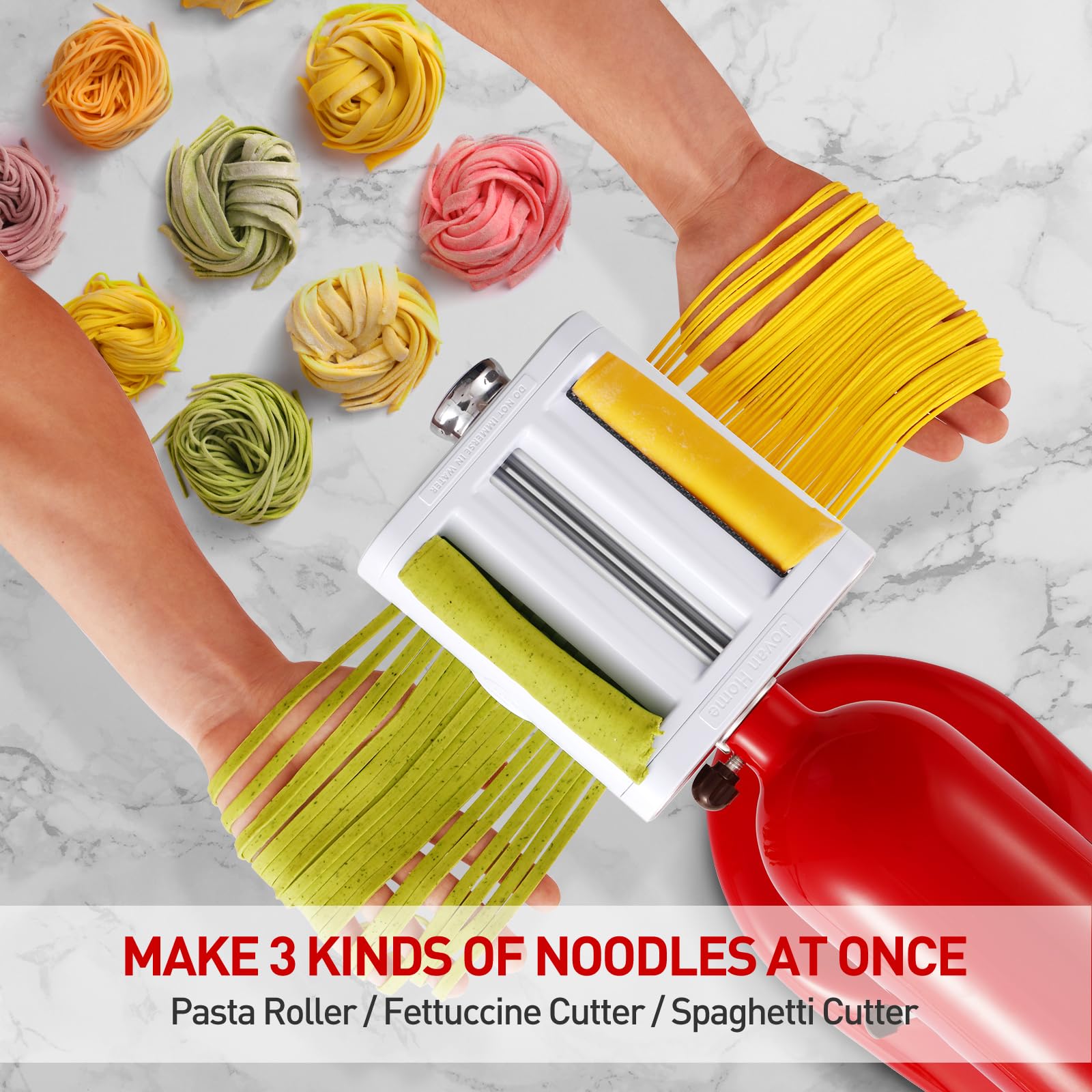 Jovan Home 3-in-1 Pasta Maker Attachment for KitchenAid Stand Mixer, White, Stainless Steel Pasta Roller, Fettuccine and Spag