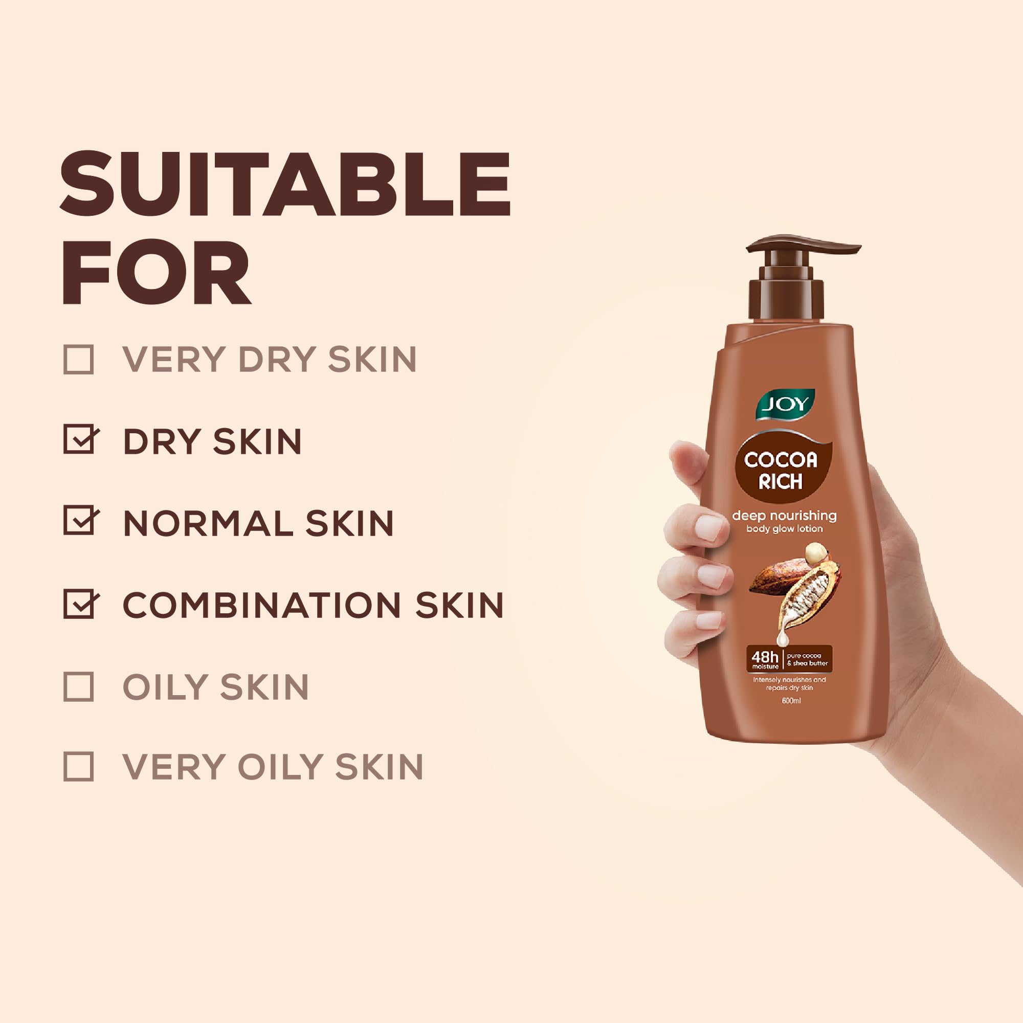 JOY Cocoa Rich Body Lotion with Shea Butter and Cocoa Butter, Non-Greasy Lightweight Formula, Unisex - label detail (11)