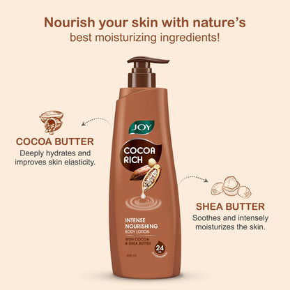 JOY Cocoa Rich Body Lotion with Shea Butter and Cocoa Butter, Non-Greasy Lightweight Formula, Unisex - packaging