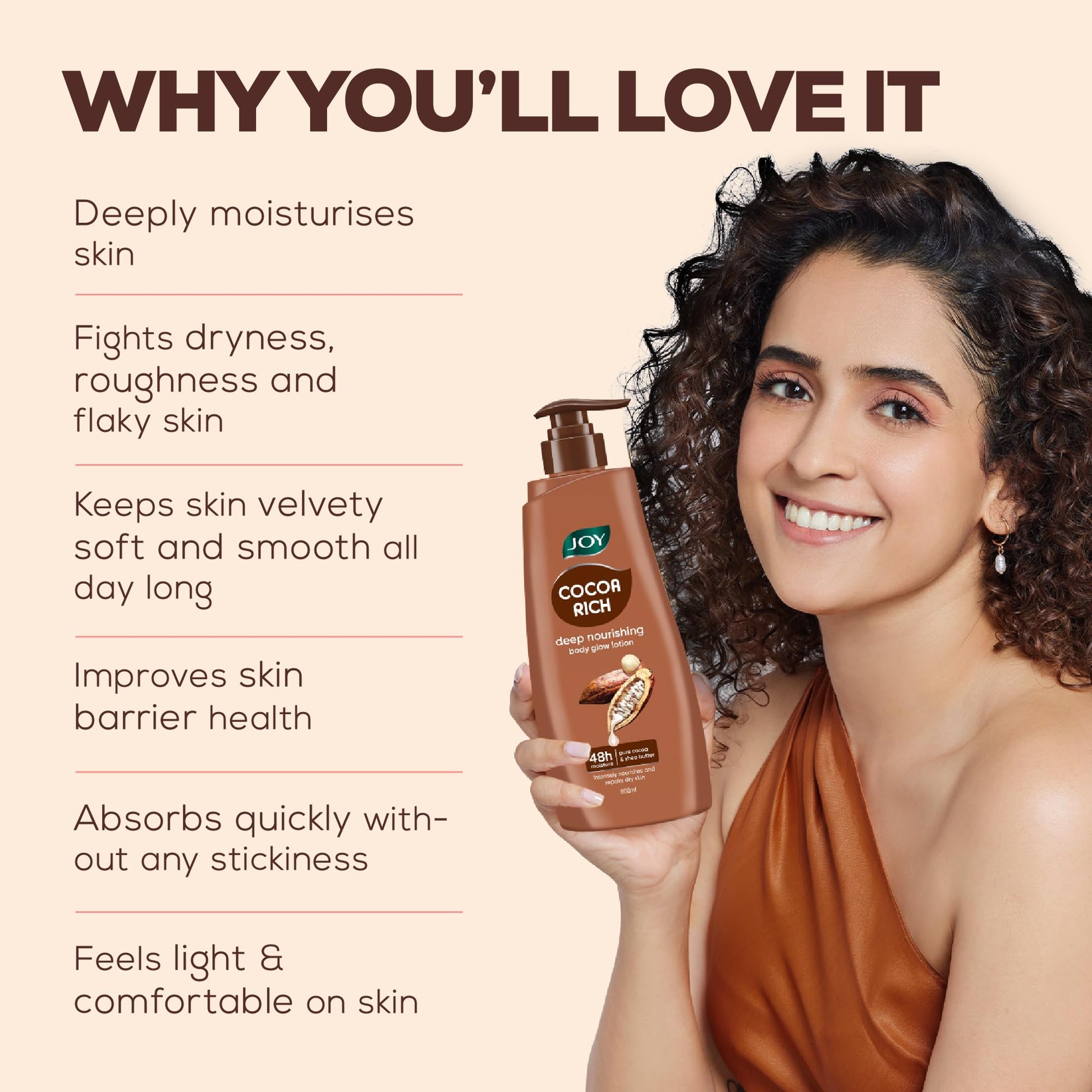 JOY Cocoa Rich Body Lotion with Shea Butter and Cocoa Butter, Non-Greasy Lightweight Formula, Unisex - back view (9)