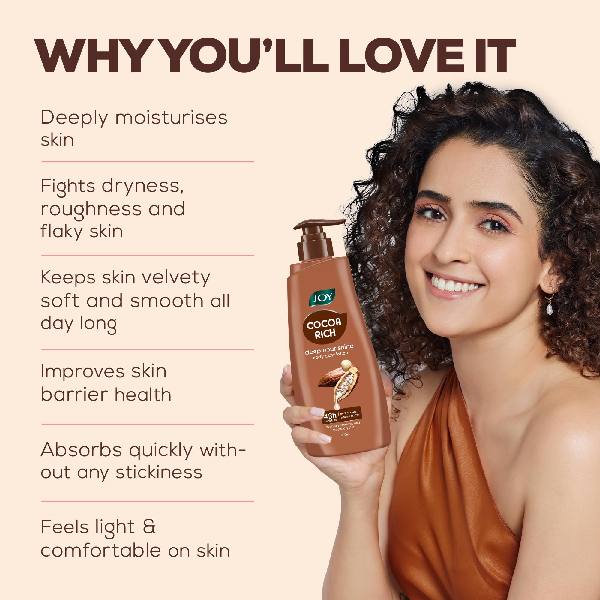 JOY Cocoa Rich Body Lotion with Shea Butter and Cocoa Butter, Non-Greasy Lightweight Formula, Unisex - back view (9)