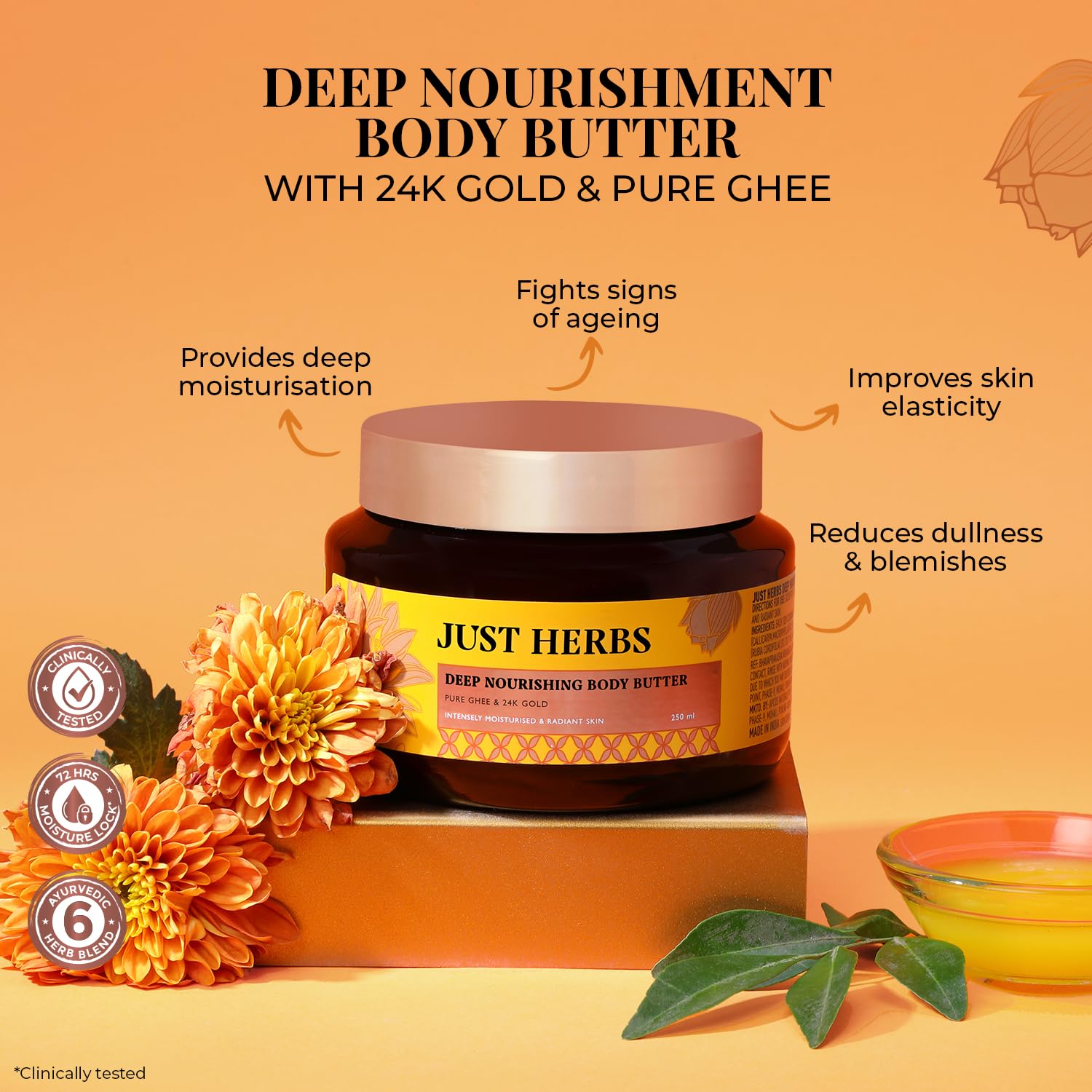 Just Herbs 24K Gold with Pure Ghee Deep Nourish Body Butter, 250ml, Unisex Skin Moisturizer - back view