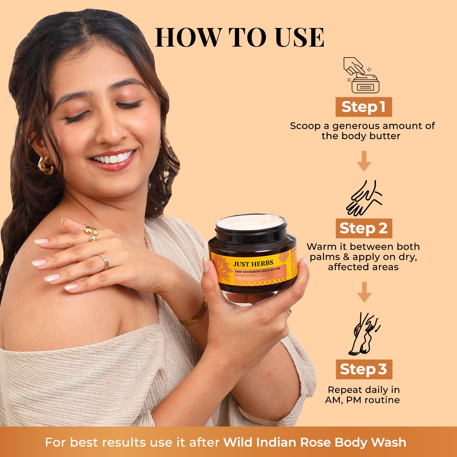 Just Herbs 24K Gold with Pure Ghee Deep Nourish Body Butter, 250ml, Unisex Skin Moisturizer - close-up detail