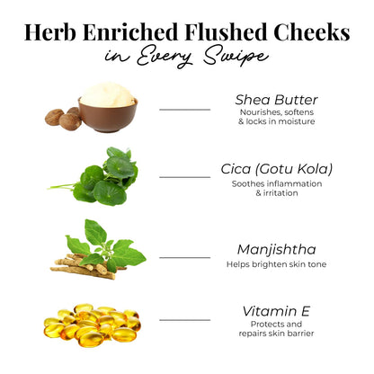 Just Herbs Dewy Glow Blush Stick, Cream Blush for Eyes Cheeks and Lips, Shea Butter and Cica, 14g - label detail