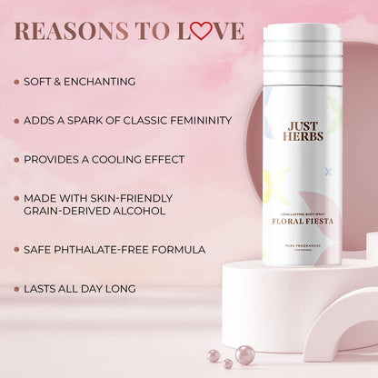 Just Herbs Floral Fiesta Body Spray for Women, 150 ml, Natural Deodorant with Magnolia and Lotus - front view