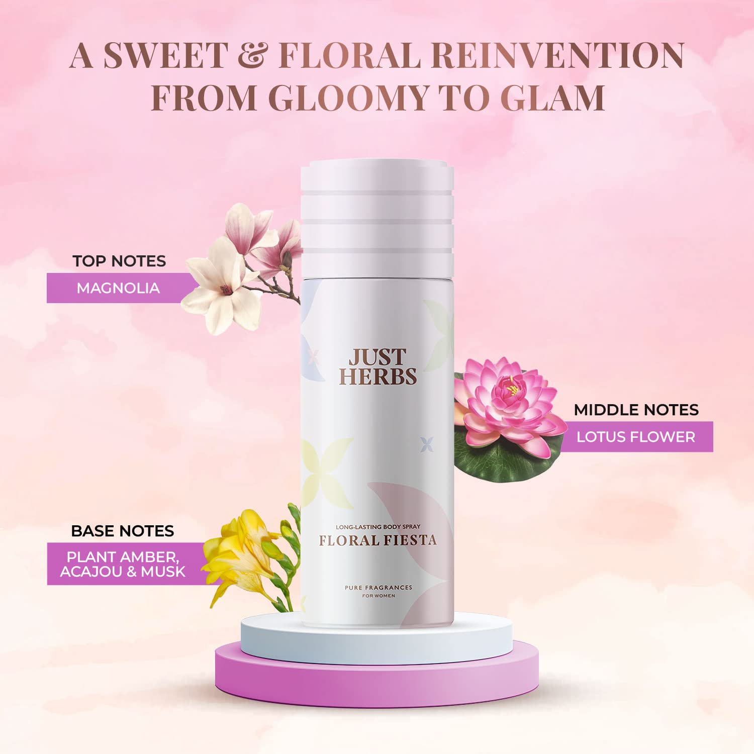 Just Herbs Floral Fiesta Body Spray for Women, 150 ml, Natural Deodorant with Magnolia and Lotus - packaging