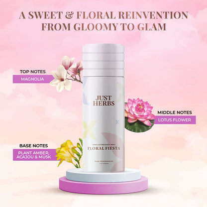 Just Herbs Floral Fiesta Body Spray for Women, 150 ml, Natural Deodorant with Magnolia and Lotus - packaging
