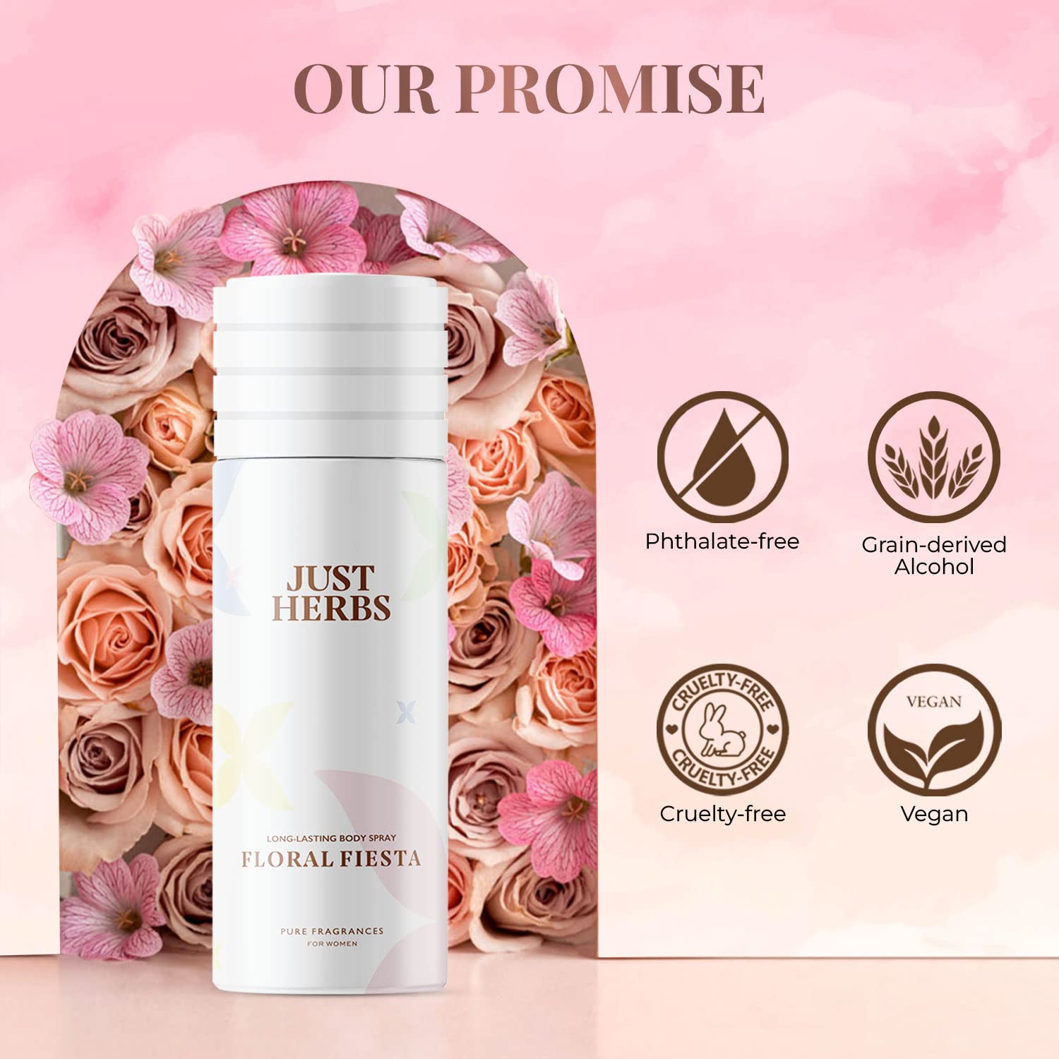 Just Herbs Floral Fiesta Body Spray for Women, 150 ml, Natural Deodorant with Magnolia and Lotus - label detail
