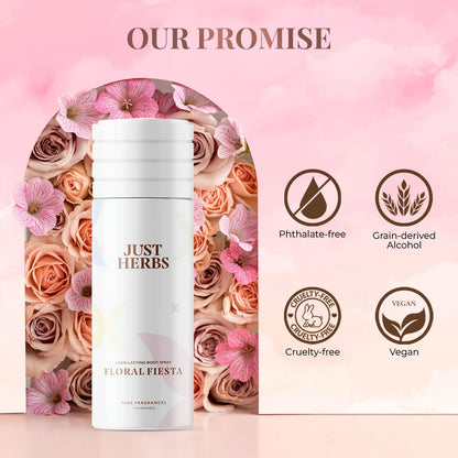 Just Herbs Floral Fiesta Body Spray for Women, 150 ml, Natural Deodorant with Magnolia and Lotus - label detail