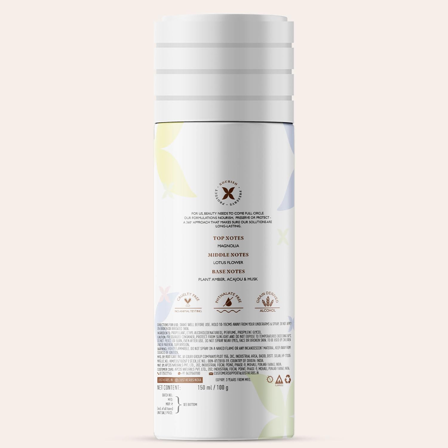 Just Herbs Floral Fiesta Body Spray for Women, 150 ml, Natural Deodorant with Magnolia and Lotus - close-up detail