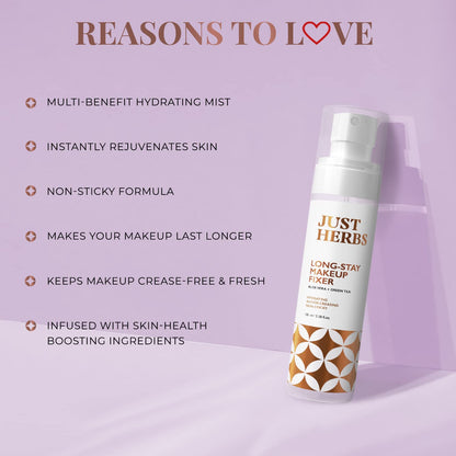 Just Herbs Long Stay Non Sticky Makeup Fixer, Setting Spray for Face Makeup with Aloe Vera and Green Tea, 100 ml - back view