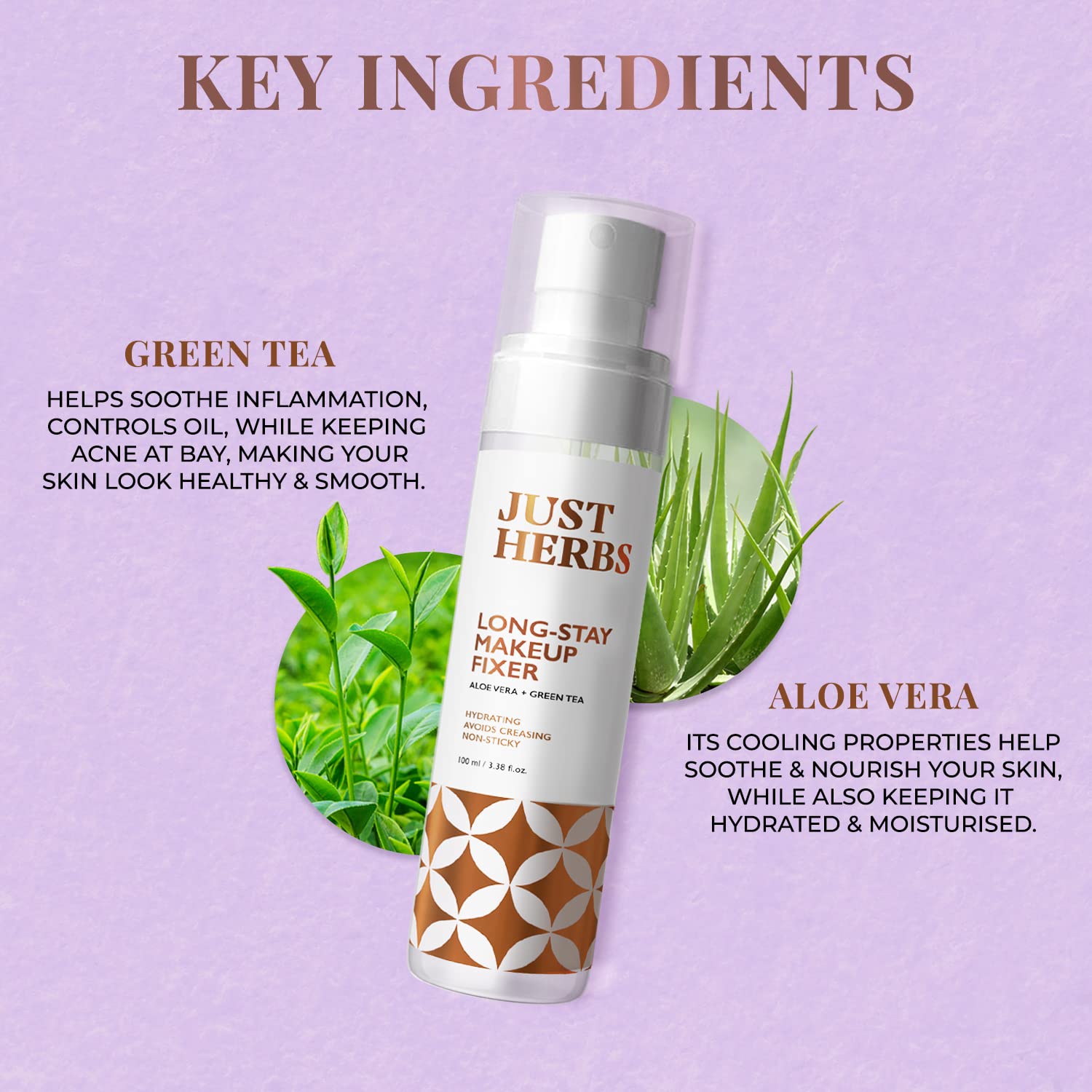 Just Herbs Long Stay Non Sticky Makeup Fixer, Setting Spray for Face Makeup with Aloe Vera and Green Tea, 100 ml - label deta