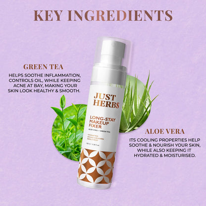 Just Herbs Long Stay Non Sticky Makeup Fixer, Setting Spray for Face Makeup with Aloe Vera and Green Tea, 100 ml - label deta