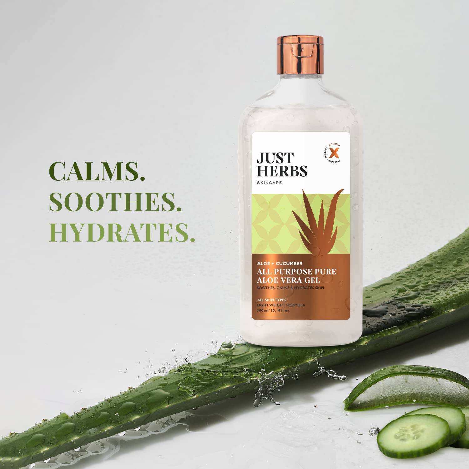 Just Herbs Multi Purpose Pure Aloe Vera Gel with Cucumber for Skin and Hair, 300 ml - front view