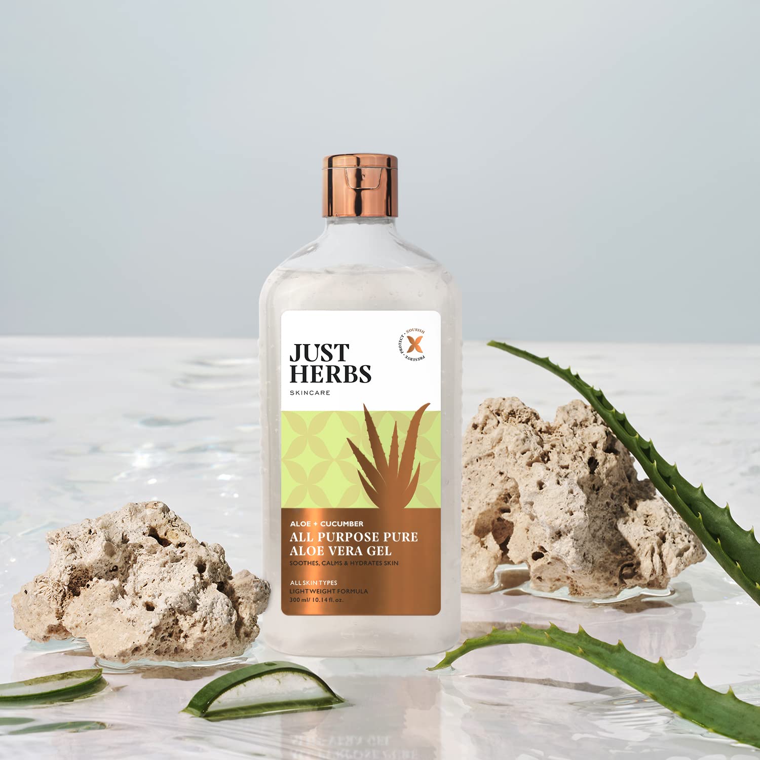 Just Herbs Multi Purpose Pure Aloe Vera Gel with Cucumber for Skin and Hair, 300 ml - label detail